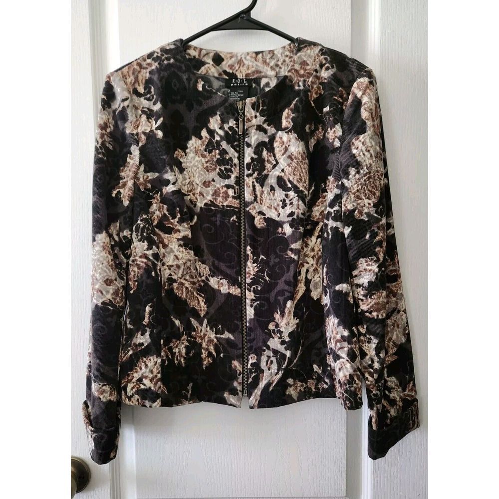 RQT Women's Floral Full Zip Corduroy Jacket  Coat Lightweight Round Neck Size PM